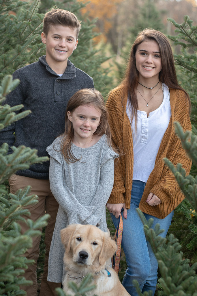 Three kids and dog at Christmas Tree Farm
