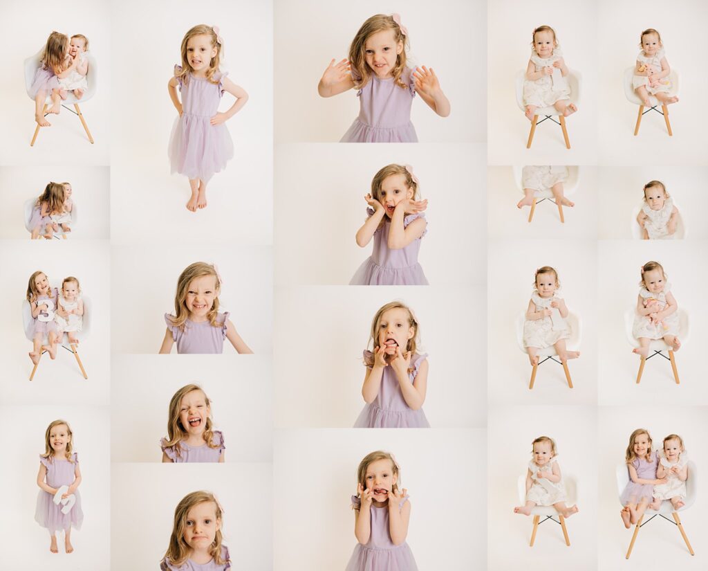 A collage of color images from a Personality Portrait session with a one-year old and a three-year old